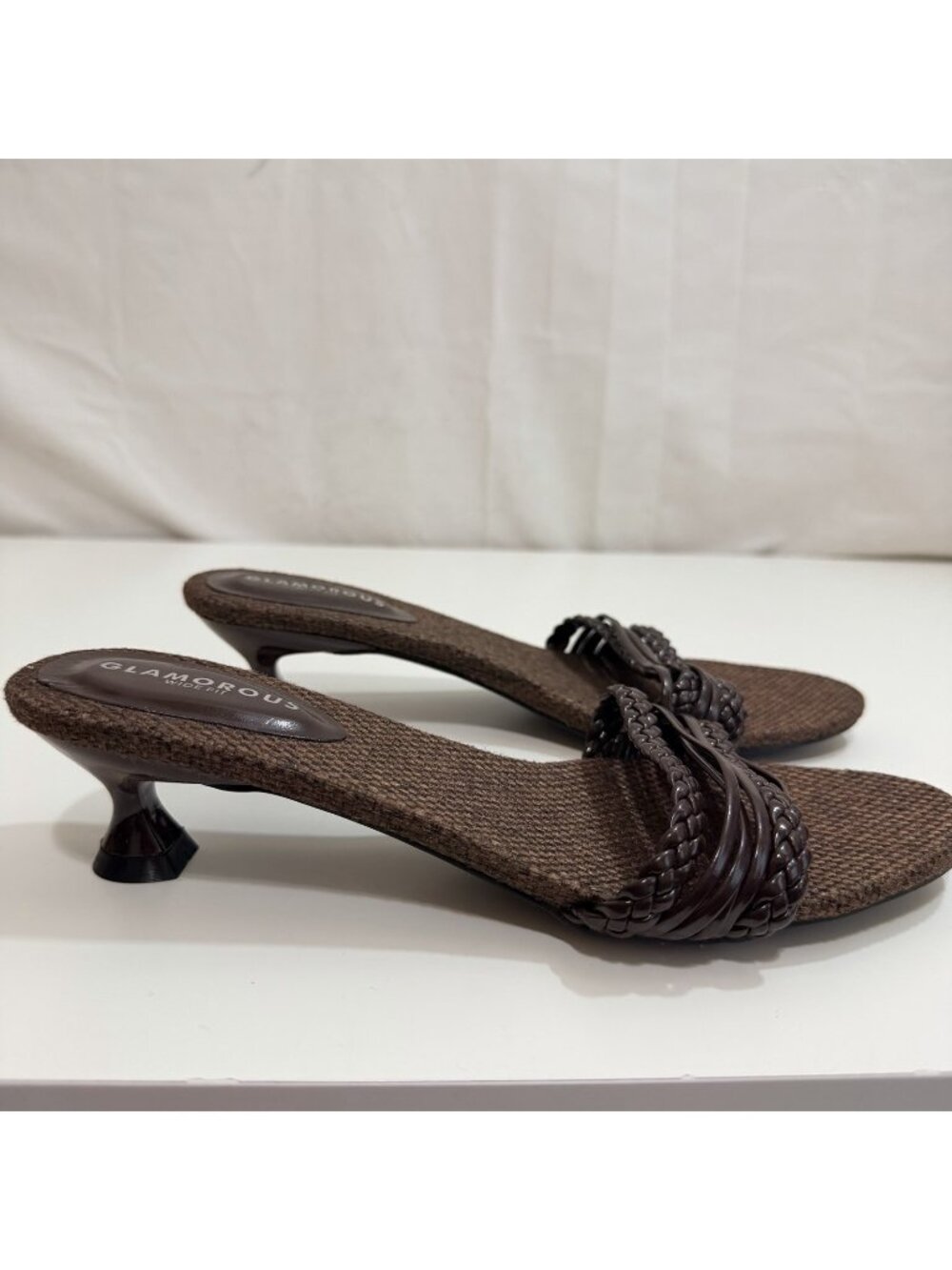 Glamorous Wide Fit Kitten Heeled Woven Sandals Brown 8